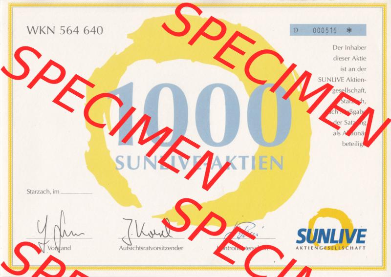 Historisches Wertpapier Deutschland der BRD WKN 564 640, 1000 SUNLIVE-AKTIEN, Starzach (2) Sammlung