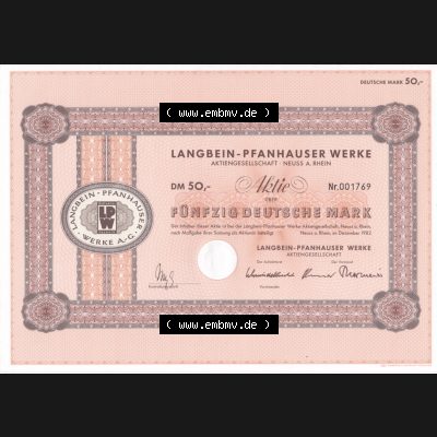 Historisches Wertpapier Deutschland der BRD 1982, 50 DM, Fünfzig Deutsche Mark, Aktie Langbein-Pfanhauser Werke (2) Sammlung