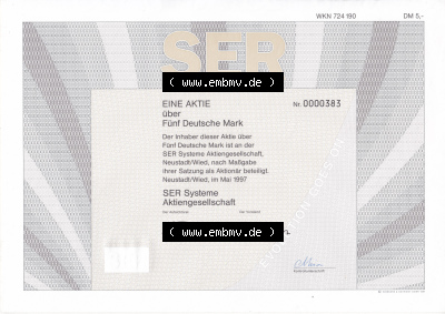 Historisches Wertpapier Deutschland der BRD 1997, 5 DM, Fünf Deutsche Mark, SER Systeme Aktie (1) Sammlung