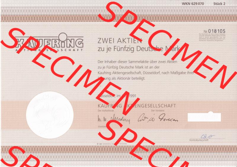 Historisches Wertpapier Deutschland der BRD 1991, 100 DM, Kaufring Aktiengesellschaft, Zwei Aktien zu je Fünfzig 50 Deutsche Mark (2) Sammlung