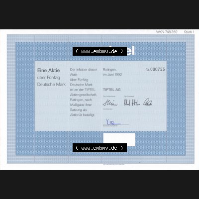 Historisches Wertpapier Deutschland der BRD 1992, 50 DM, Eine Aktie über Fünfzig Mark, TIPEL AG (1) Sammlung