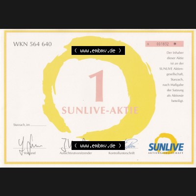 Historisches Wertpapier Deutschland der BRD WKN 564 640, 1 SUNLIVE-AKTIE, Starzach (2) Sammlung