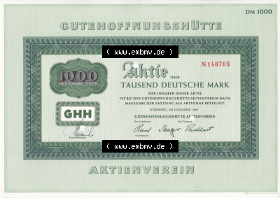 Historisches Wertpapier Deutschland der BRD 1967, 1000 DM, Deutsche Mark, Aktie Gutehoffnungshütte (2) Sammlung