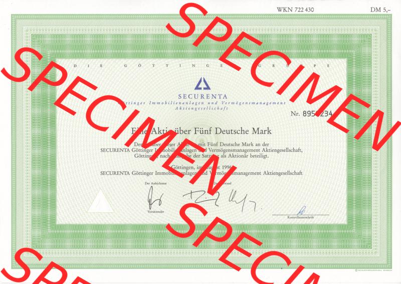 Historisches Wertpapier Deutschland der BRD 1996, 5 DM, Eine Aktie über Fünf Deutsche Mark, Aktie SECURENTA Aktiengesellschaft (1) Sammlung