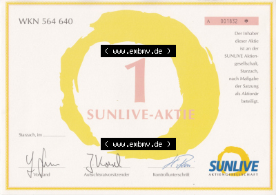 Historisches Wertpapier Deutschland der BRD WKN 564 640, 1 SUNLIVE-AKTIE, Starzach (2) Sammlung
