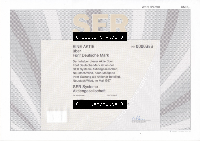 Historisches Wertpapier Deutschland der BRD 1997, 5 DM, Fünf Deutsche Mark, SER Systeme Aktie (2) Sammlung