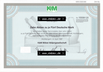 Historisches Wertpapier Deutschland der BRD 1997, Zehn Aktien zu je Fünf Deutsche Mark, 5 DM KM Möbel AG Kirchlengern (1) Sammlung