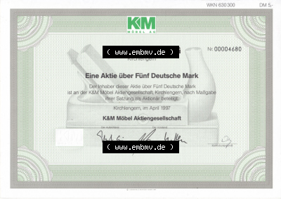 Historisches Wertpapier Deutschland der BRD 1997, 5 DM, Fünf Deutsche Mark, k&M Möbel AG, KM Aktiengesellschaft (2) Sammlung