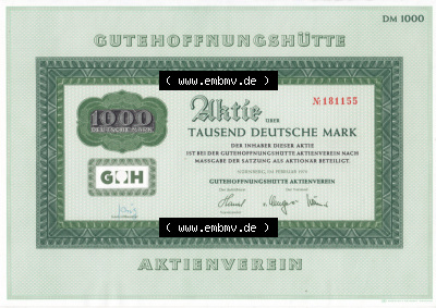 Historisches Wertpapier Deutschland der BRD 1970, 1000 DM, Aktie Tausend Deutsche Mark, Gutehoffnungshütte (3) Sammlung