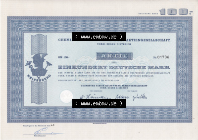 Historisches Wertpapier Deutschland der BRD 1966, 100 DM, Einhundert Deutsche Mark, Aktie Chemische Fabrik Helpenberg Aktien-Gesellschaft... Sammlung