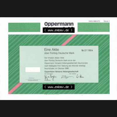 Historisches Wertpapier Deutschland der BRD 1988, 50 DM, Oppermann Versand AG, Eine Aktien über Fünfzig Deutsche Mark (2) Sammlung