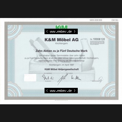 Historisches Wertpapier Deutschland der BRD 1997, Zehn Aktien zu je Fünf Deutsche Mark, 5 DM KM Möbel AG Kirchlengern (2) Sammlung