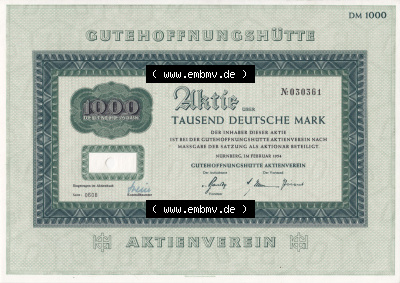 Historisches Wertpapier Deutschland der BRD 1954, 1000 Deutsche Mark DM, Aktie Gutehoffnungshütte, Tausend Deutsche Mark (1) Sammlung