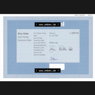 Historisches Wertpapier Deutschland der BRD 1992, 50 DM, Eine Aktie über Fünfzig Mark, TIPEL AG (2) Sammlung