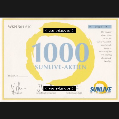 Historisches Wertpapier Deutschland der BRD WKN 564 640, 1000 SUNLIVE-AKTIEN, Starzach (2) Sammlung
