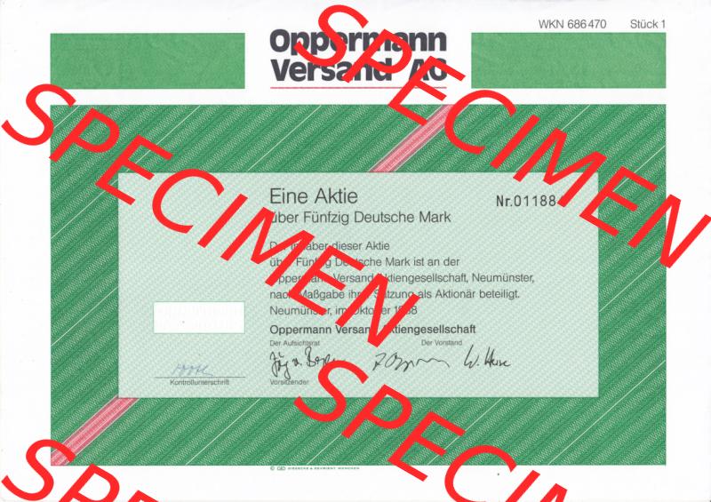 Historisches Wertpapier Deutschland der BRD 1988, 50 DM, Oppermann Versand AG, Eine Aktien über Fünfzig Deutsche Mark (2) Sammlung
