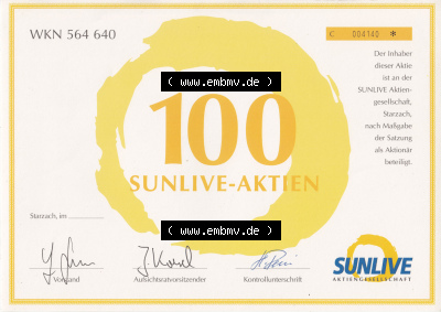 Historisches Wertpapier Deutschland der BRD WKN 564 640, 100 Sunlive-Aktien (1) Sammlung