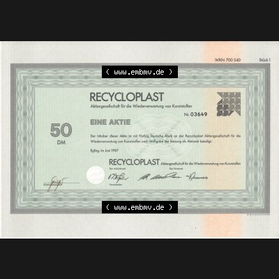 Historisches Wertpapier Deutschland der BRD 1987, Recycloplast, 50 DM, Eine Aktie über Fünfzig Deutsche Mark, Aktiengesellschaft für die Wiederverwendung von Kunststoffen... Sammlung