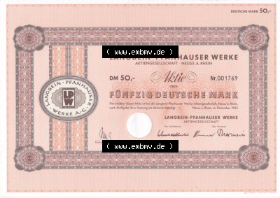 Historisches Wertpapier Deutschland der BRD 1982, 50 DM, Fünfzig Deutsche Mark, Aktie Langbein-Pfanhauser Werke (2) Sammlung