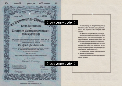 Deutsches Reich Historisches Wertpapier beidseitige Vollansicht 1941, 1000 RM Kommunal-Obligation über 1000 Reichsmark Deutschen... Sammlung