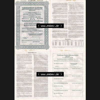 Österreich Historisches Wertpapier beidseitige Vollansicht 1940, Vorarlberger Illwerke, Teilanleihe AktiengesellschaftBregenz, Teilschuldverschreibung über Eintausend Reichsmark.... Sammlung