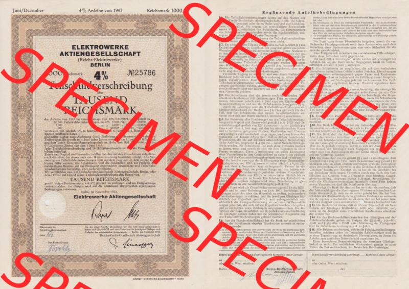 Deutsches Reich Historisches Wertpapier beidseitige Vollansicht Elektrowerke Aktiengesellschaft, Reichs-Elektrowerke, Berlin, 1000 Reichsmark, Teil-Schuld-Verschreibung, 4... Sammlung