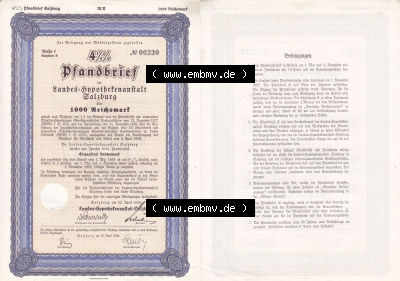 Österreich Historisches Wertpapier beidseitige Vollansicht 1939, Salzburg Pfandbrief über 1000 Reichsmark, Reihe 1, Buchstabe... Sammlung