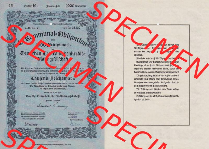 Deutsches Reich Historisches Wertpapier beidseitige Vollansicht 1941, 1000 RM Kommunal-Obligation über 1000 Reichsmark Deutschen Centralbodenkredit-Aktiengesellschaft Tausend Reichsmark.... Sammlung