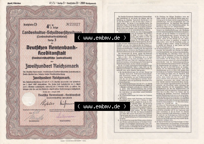 Deutsches Reich Historisches Wertpapier beidseitige Vollansicht 1938, Deutsche Rentenbank-Kreditaanstalt, Landeskultur-Schuldverschreibung... Sammlung