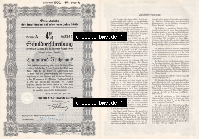 Österreich Historisches Wertpapier beidseitige Vollansicht 1940, 4 Prozent Anleihe der Stadt Baden bei Wien vom Jahre 1940, Schuldverschreibung... Sammlung