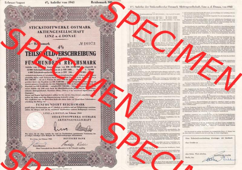 Österreich Historisches Wertpapier beidseitige Vollansicht Österreich 1943, Linz Stickstoffwerke Ostmark a.d. Donau, Teilschuldverschreibung über Fünfhundert... Sammlung