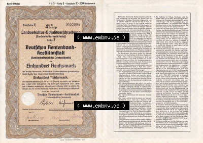 Deutsches Reich Historisches Wertpapier beidseitige Vollansicht 1938, Deutsche Rentenbank Landeskultur-Schuldverschreibung Einhundert... Sammlung