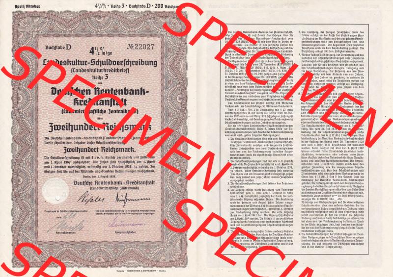 Deutsches Reich Historisches Wertpapier beidseitige Vollansicht 1938, Deutsche Rentenbank-Kreditaanstalt, Landeskultur-Schuldverschreibung 200 Reichsmark. Hier befindet sich ein Digitales... Sammlung