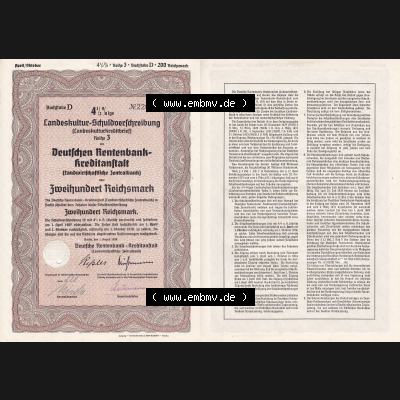 Deutsches Reich Historisches Wertpapier beidseitige Vollansicht 1938, Deutsche Rentenbank-Kreditaanstalt, Landeskultur-Schuldverschreibung 200 Reichsmark. Hier befindet sich ein Digitales... Sammlung