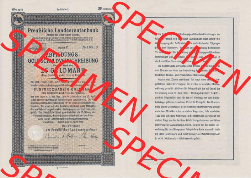 Deutsches Reich Historisches Wertpapier beidseitige Vollansicht 1931, April, Preußische Landesrentenbank, Abfindungs-Gold-Schuldverschreibung über Wert von 25 Goldmark.... Sammlung