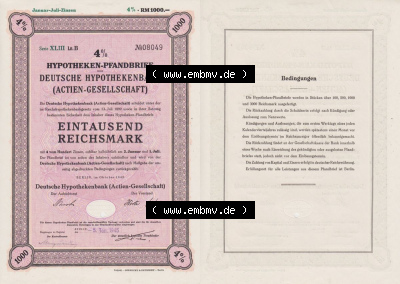 Deutsches Reich Historisches Wertpapier beidseitige Vollansicht 1942, Hypotheken-Pfandbrief, Deutsche Hypothekenbank Actien-Gesellschaft,... Sammlung