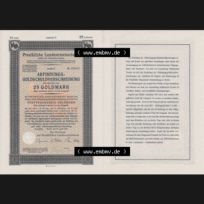 Deutsches Reich Historisches Wertpapier beidseitige Vollansicht 1931, April, Preußische Landesrentenbank, Abfindungs-Gold-Schuldverschreibung über Wert von 25 Goldmark.... Sammlung