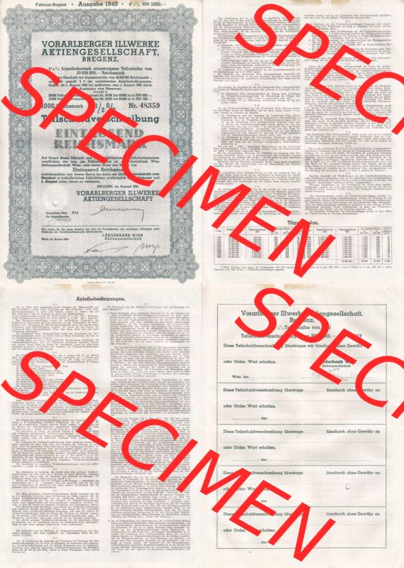 Österreich Historisches Wertpapier beidseitige Vollansicht 1940, Vorarlberger Illwerke, Teilanleihe AktiengesellschaftBregenz, Teilschuldverschreibung über Eintausend Reichsmark.... Sammlung