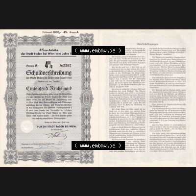 Österreich Historisches Wertpapier beidseitige Vollansicht 1940, 4 Prozent Anleihe der Stadt Baden bei Wien vom Jahre 1940, Schuldverschreibung über Eintausend Reichsmark.... Sammlung