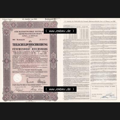 Österreich Historisches Wertpapier beidseitige Vollansicht Österreich 1943, Linz Stickstoffwerke Ostmark a.d. Donau, Teilschuldverschreibung über Fünfhundert... Sammlung