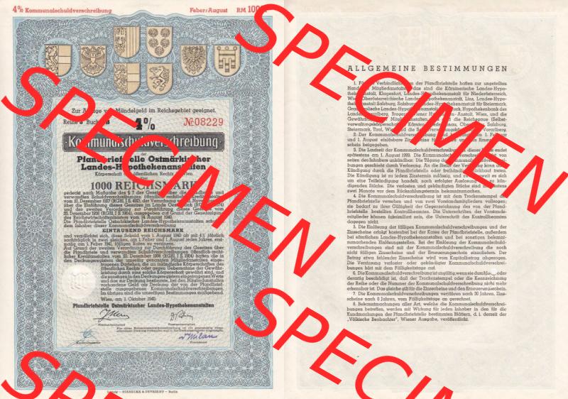 Österreich Historisches Wertpapier beidseitige Vollansicht 1940, Kommunal-Schuldverschreibung, Pfandbriefstelle Ostmärkischer Landes-Hypothekenanstalt über Eintausend 1000 Reichsmark.... Sammlung
