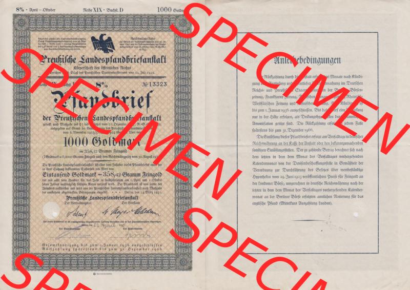Deutsches Reich Historisches Wertpapier beidseitige Vollansicht 1930 März, Preußische Landespfandbriefanstalt, 8 Prozent Pfandbrief mit Wert von 1000 Goldmark. Hier befindet... Sammlung