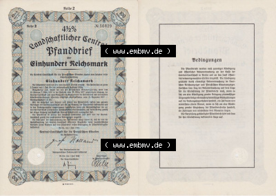 Deutsches Reich Historisches Wertpapier beidseitige Vollansicht 1940 Landschaftlicher Central Pfandbrief über 100 Einhundert... Sammlung