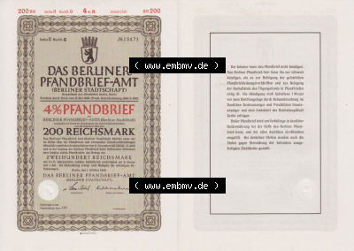 Deutsches Reich Historisches Wertpapier beidseitige Vollansicht 1942, Das Berliner Pfandbrief-Amt 4 Prozent Berliner Stadtschaft... Sammlung