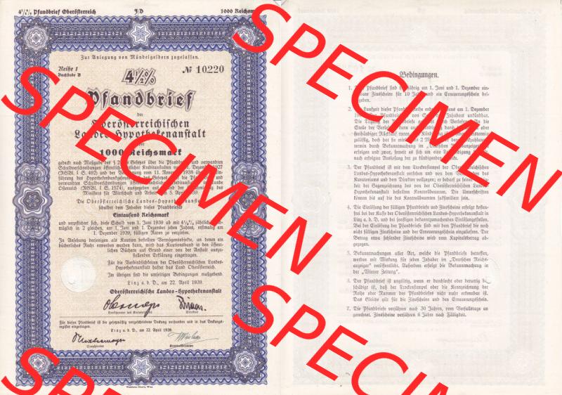 Österreich Historisches Wertpapier beidseitige Vollansicht 1939, Reihe 1, Buchstabe B, 4.5 Prozent Pfandbrief, Zur Anlegung von Mündelgeldern zugelassen,... Sammlung