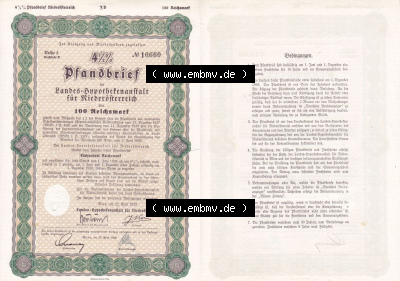 Österreich Historisches Wertpapier beidseitige Vollansicht 1939, Wien, Niederösterreich Pfandbrief der Landes-Hypothekenanstalt... Sammlung