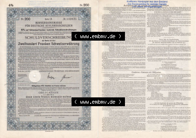Deutsches Reich Historisches Wertpapier beidseitige Vollansicht 1935, Konversionskasse, Schuldverschreibung, Zweihundert Franken... Sammlung