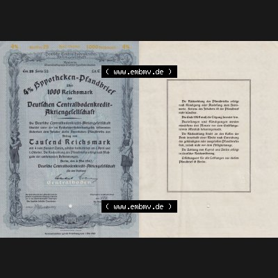 Deutsches Reich Historisches Wertpapier beidseitige Vollansicht 1942 Mai, Deutsche Centralbodenkredit-Aktiengesellschaft, Wert von Tausend Reichsmark. Hier befindet sich ein Digitales... Sammlung