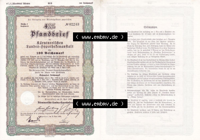 Österreich Historisches Wertpapier beidseitige Vollansicht 1939, Pfandbrief, Kärntnerischen Landes-Hypothekenanstalt über 100... Sammlung