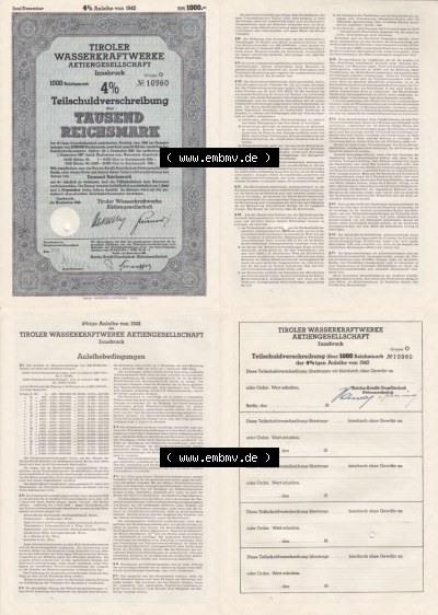 Österreich Historisches Wertpapier beidseitige Vollansicht 1942, Tiroler Wasserkraftwerke Aktiengesellschaft, Teilschuldverschreibung... Sammlung